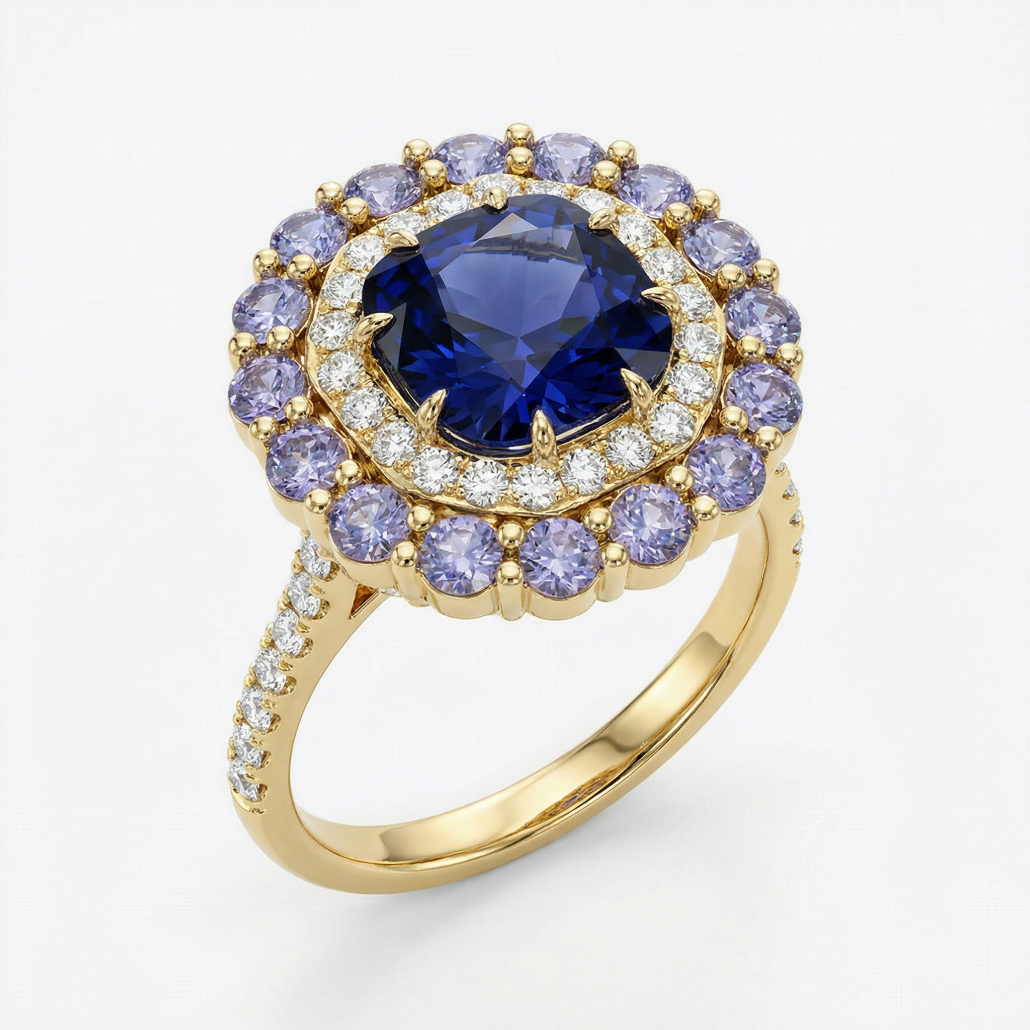 Anel em ouro 18k com tanzanitas e diamantes