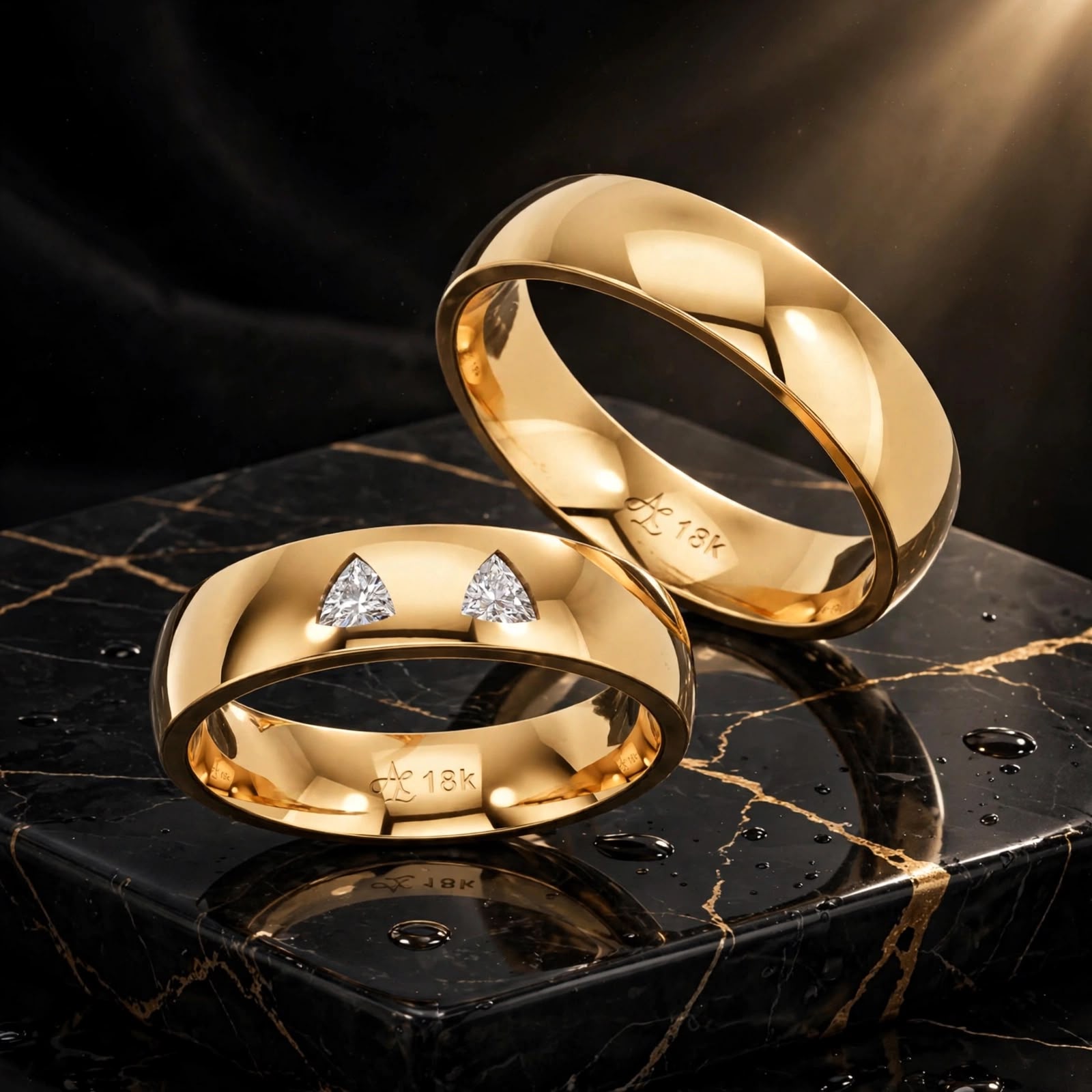 Aliança de Casamento Exclusiva em Ouro Amarelo 18K com Diamante Trillion