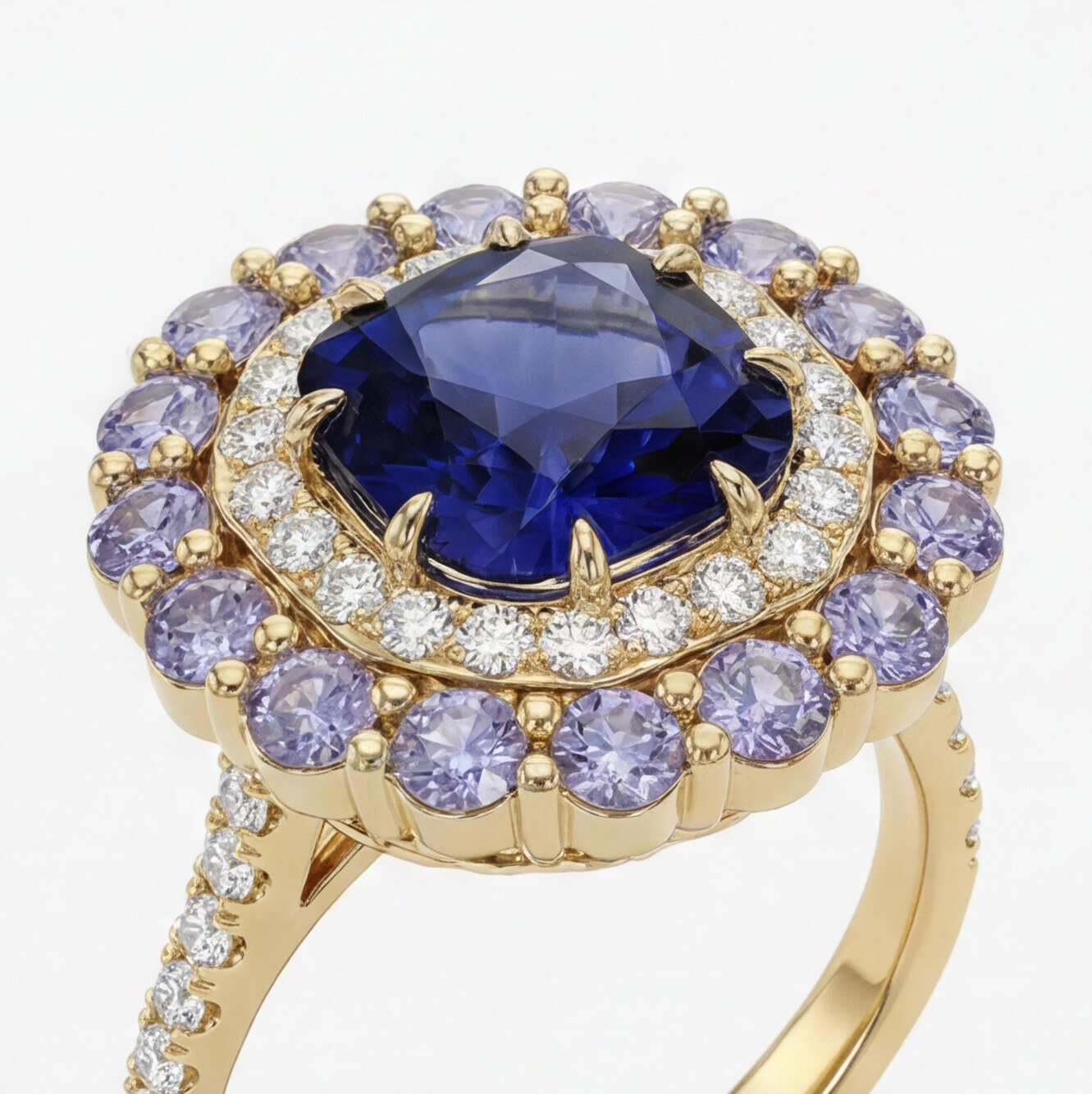 Anel em ouro 18k com tanzanitas e diamantes